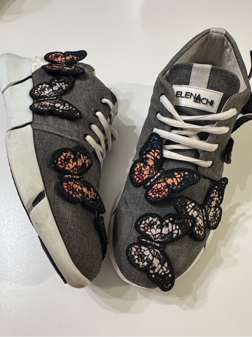 Elena Iachi Butterfly Applique Lace-Up Gray Fabric Over Leather Sneakers size 38